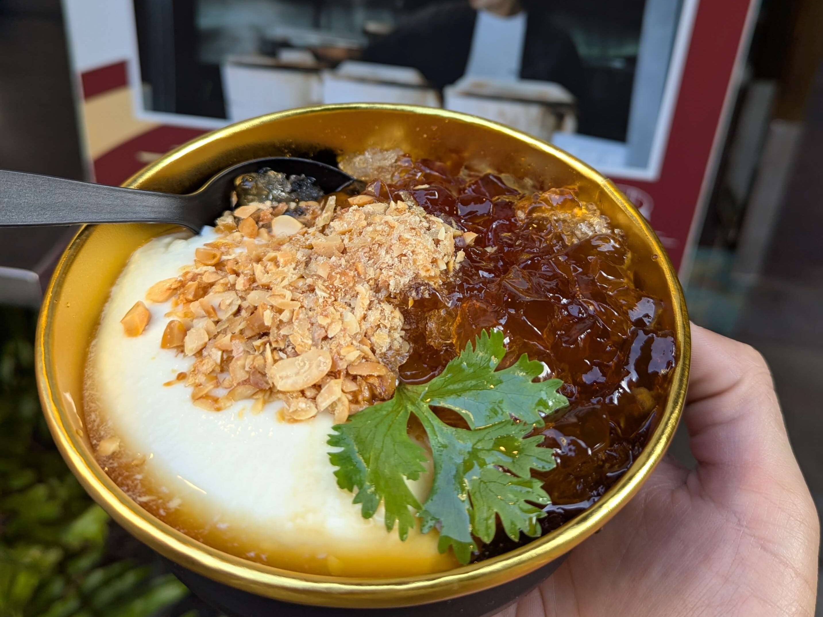 Tofu pudding with peanuts and tea jelly.